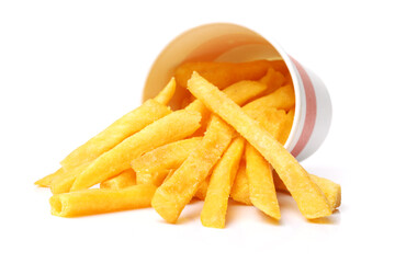 a pile of french fries on white background