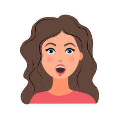 The young woman is surprised with her mouth open. Emotion. Vector illustration in a flat style