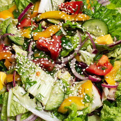 Close-up of green vegan healthy salad from mix of vegetables.