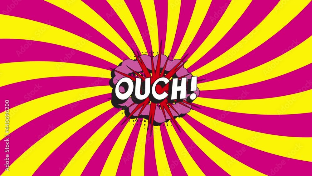 Poster 'ouch!' in retro comics speech bubble with halftone dotted shadow on an animated background with pin