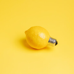 A single fresh lemon as a light bulb isolated on a bright yellow background. Trendy fruit idea....