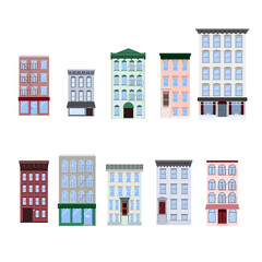 Set of flat vector illustration of walk-up residential apartment buildings, houses, stores, cafe, restaurants. Isolated on white background. - obrazy, fototapety, plakaty