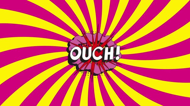 'OUCH!' in retro comics speech bubble with halftone dotted shadow on an animated background with pink and yellow rays