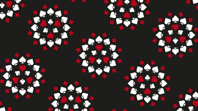 Playing card symbols (Diamonds, Clubs, Hearts and Spades) on a black background. Simple motion graphic gambling concept animated pattern