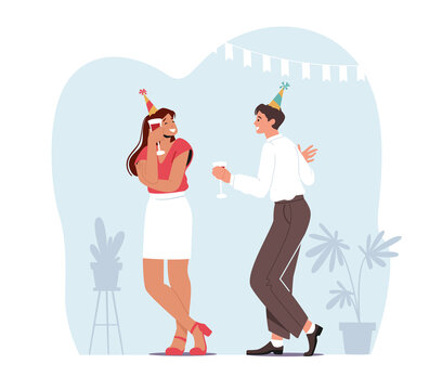 Young Couple Man and Woman Holding Glasses with Beverages Celebrating Holiday Drinking Alcohol Cocktail Flirting