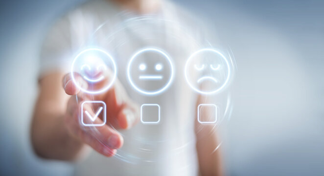User using customer satisfaction rating interface 3D rendering