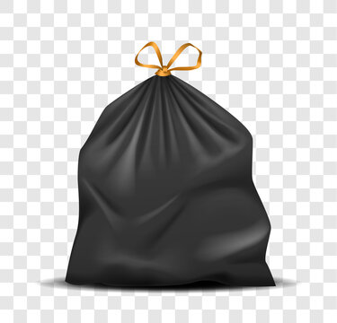 Black Plastic Bag Full Of Rubbish. Recyclable And Biodegradable Disposable Black Plastic Package