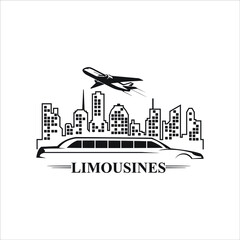 limousines with tall building and plane logo - obrazy, fototapety, plakaty