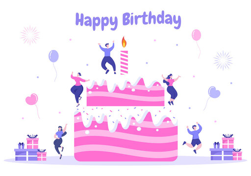 Happy Birthday Party Celebrating Illustration with Balloon, Hats, Confetti, Gift and Cake. For Making Card, Invitations, Photo Frames and Backgrounds