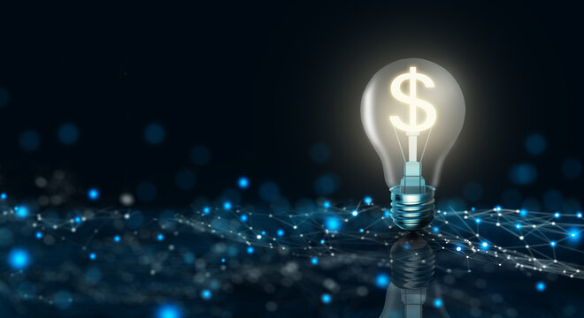 Glowing light bulb with dollar sign inside on dark blue background. Money making idea and Growth of dollar exchange rate Concept. 3D Render.