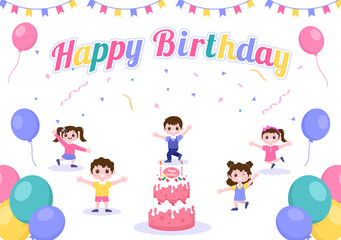 Fototapeta na wymiar Happy Birthday Party Celebrating Illustration with Balloon, Hats, Confetti, Gift and Cake. For Making Card, Invitations, Photo Frames and Backgrounds