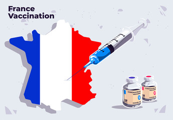 Vector illustration of France vaccination template medical syringe on the map of France with glass vials of COVID-19 vaccine, inject in France, flag of France