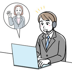 A young man in suit having an online meeting