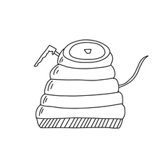 Hand drawn doodle vector illustration of traditional gooseneck kettle coffee pot for brewing hot coffee. Isolated on white background.