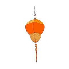 Obraz premium Traditional Chinese paper lantern with fringe and loop for hanging. China street lamp. Asian ceremonial decorative light. Colored graphic vector illustration isolated on white background