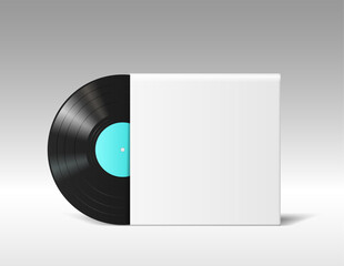 Realistic vinyl disc mockup in empty blank music album cover isolated on white background