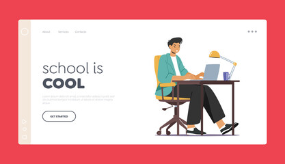 Education, Learning in University or College Landing Page Template. Student Character Work on Laptop Sit in Dormitory