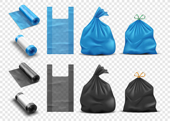 Realistic plastic bags for garbage set. Package for rubbish, full trashbag and packet rolls