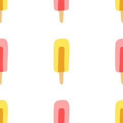 Hand drawn vector illustration of ice cream or frozen juice popsicle in bright colors. Seamless pattern.