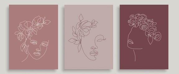Woman Faces with Flowers One Line Drawing Set. Continuous Line Woman and Flowers. Abstract Contemporary Design Template for Covers, t-Shirt Print, Postcard, Banner etc. Vector EPS 10.