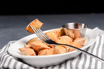 Fried dumplings stuffed with meat and served with tomato sauce on a white plate.