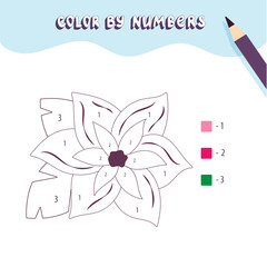 Coloring page with tropical flower. Color by numbers. Educational kid game, drawing childrens activity, printable worksheet.