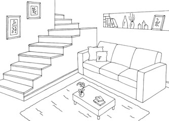 Living room graphic black white home interior sketch illustration vector 