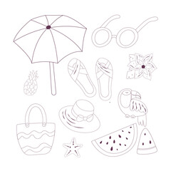 Summer vacation icons set isolated on white background. Vector illustration in hand drawn outline style