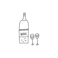 Hand drawn vector illustration of bottle of red wine and two glasses. Abstract cartoon style isolated.
