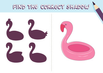 Find the correct shadow. Cartoon inflatable flamingo ring. Educational game for kids. Collection of children's games. Vector illustration in cartoon style