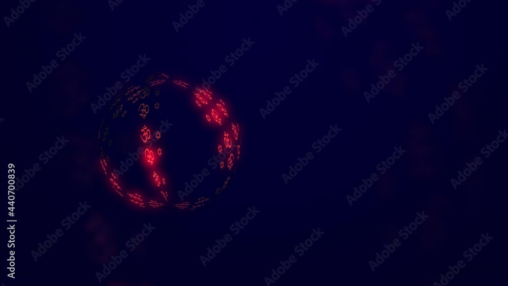 Aufkleber abstract sphere with glowing symbols of different religions in dark space. moving round shape with l