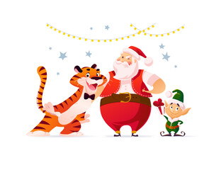 Naklejka premium Merry Christmas illustration with Santa Claus, tiger mascot and elf celebrate isolated. Vector flat cartoon style. For banners, sale cards, posters, tags, web, flyers, advertisement etc.