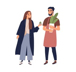 Couple of people with potted interior plants in hands. Man and woman talking about houseplants. Botanist advisor consulting person. Colored flat vector illustration isolated on white background
