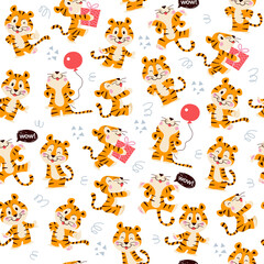 Seamless pattern with cute little tiger characters walk, jump, carry gift box, hold air balloon isolated. Vector hand drawn flat illustration. For nursery decor, wallpaper, wrapping paper, packaging