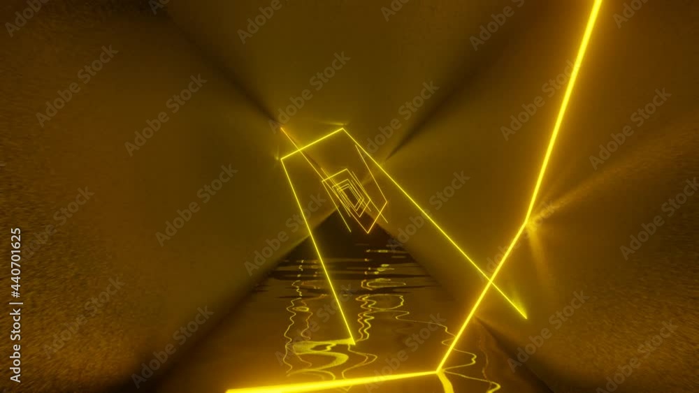 Poster 3d rendered yellow and orange neon lights inside metal tunnel. seamless loop motion graphic minimal 