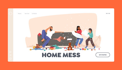 Home Mess Landing Page Template. Father Shocked with Kids Bad Behaviour Naughty Hyperactive Children Fighting on Pillows
