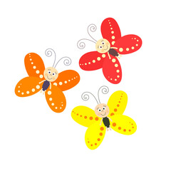 Three cute butterflies with bright wings smiling. Isolated butterflies on a white background.