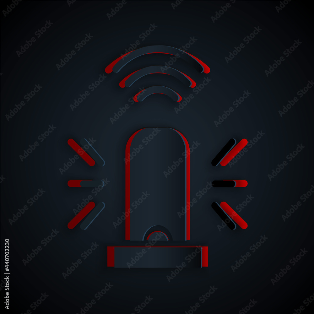 Poster paper cut smart flasher siren system icon isolated on black background. emergency flashing siren. in