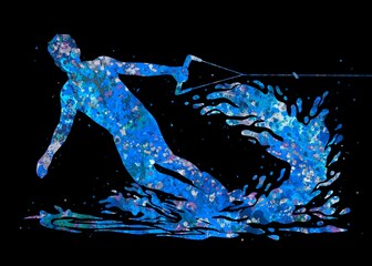 Fototapeta premium Wakeboarding sport blue watercolor art with black background, abstract sport painting. sport art print, watercolor illustration blue, colorful, decoration wall art.