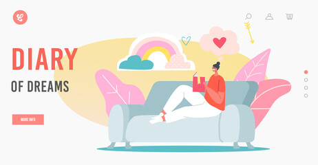 Diary of Dreams Landing Page Template. Girl Sitting on Couch Writing in Pink Diary. Character Put Notes, Write Memoirs