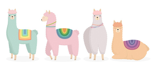 A set of hand-drawn illustrations of cartoon llamas, alpacas. Suitable for children's design, birthday cards, party invitations, fashion design, poster. Vector illustration