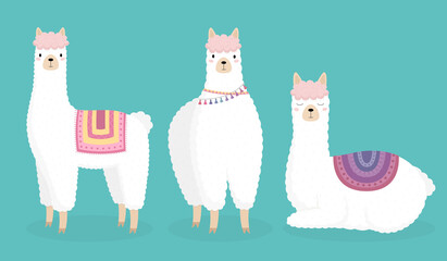 A set of hand-drawn cartoon white llamas, alpacas on a blue background. Suitable for children's birthday card design, party invitation, clothing design, poster, stickers. Vector illustration