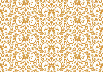 Wallpaper in the style of Baroque. Seamless vector background. White and gold floral ornament. Graphic pattern for fabric, wallpaper, packaging. Ornate Damask flower ornament