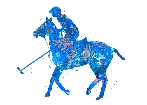 Polo sport horse blue watercolor art, abstract painting. sport art print, watercolor illustration blue, colorful, decoration wall art