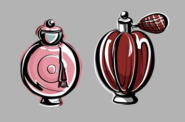 A set of vintage perfume bottles. Aromatic cosmetics. Fashion illustration in the style of a hand-drawn sketch. Vector on an isolated background.