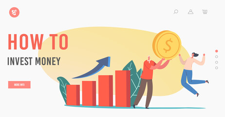 How to Invest Money Landing Page Template. Tiny Characters with Huge Golden Coin near Grow Chart. Investment Strategy