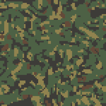Digital green khaki camo, seamless pattern. Military camouflage, texture. Soldier  fabric textile print designs. Pixel art, vector wallpaper
