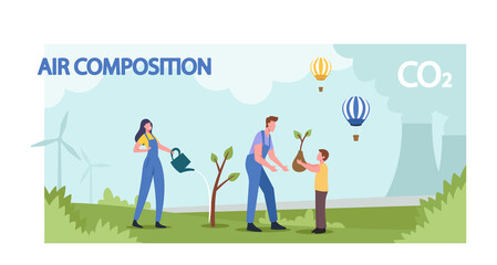 Air and Atmospheric Composition. Family Planting Trees, Use Eco Transport and Green Energy for Nature Protection