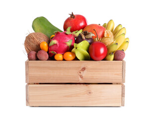 Wooden crate with different exotic fruits on white background