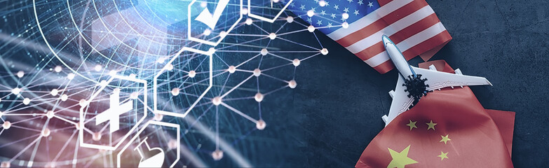 The concept of the world coronavirus pandemic. Geography of the virus. Modern infrastructure for the spread of the disease. Tourists infected have returned. China flag virus model and spread.